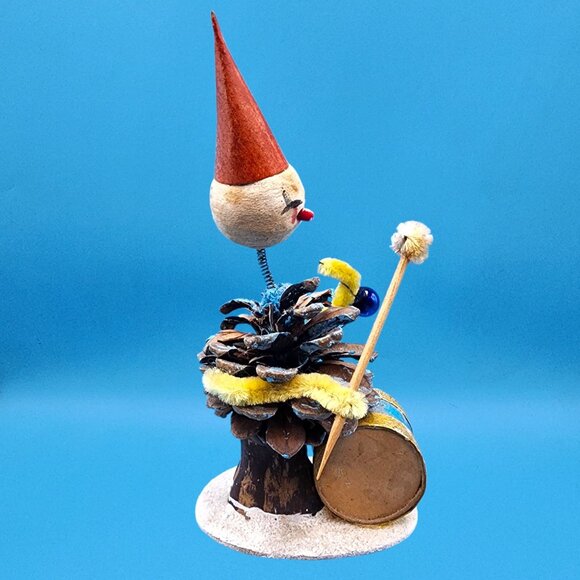 Vintage Bobblehead Elf Japan Pinecone Spun Cotton Foil Horn Mercury Glass 1950s - Picture 7 of 10